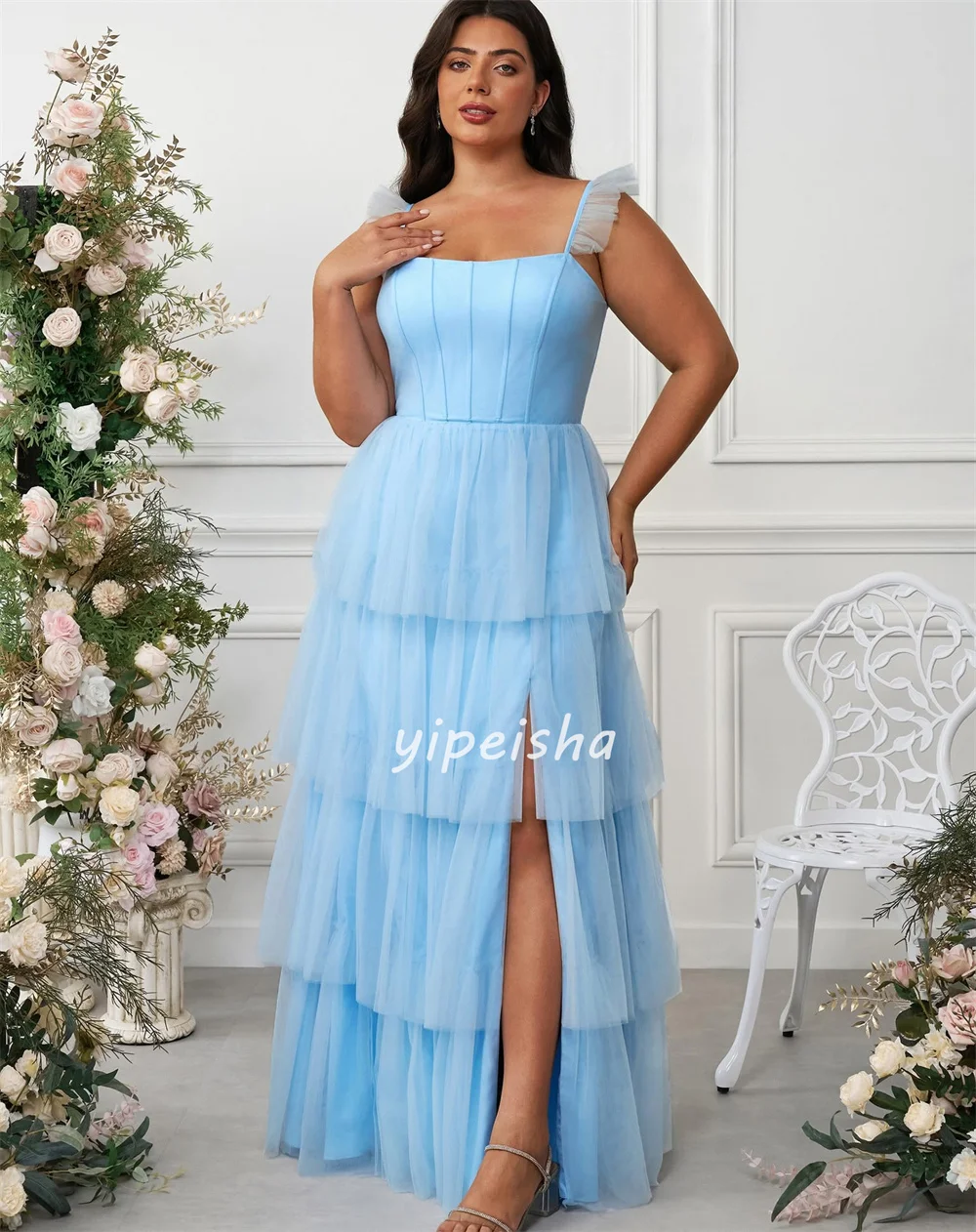 Customized Modern Style Fashion Tulle Tiered Straight Spaghetti strap Long Dresses Bespoke Occasion Dresses Matching Classic