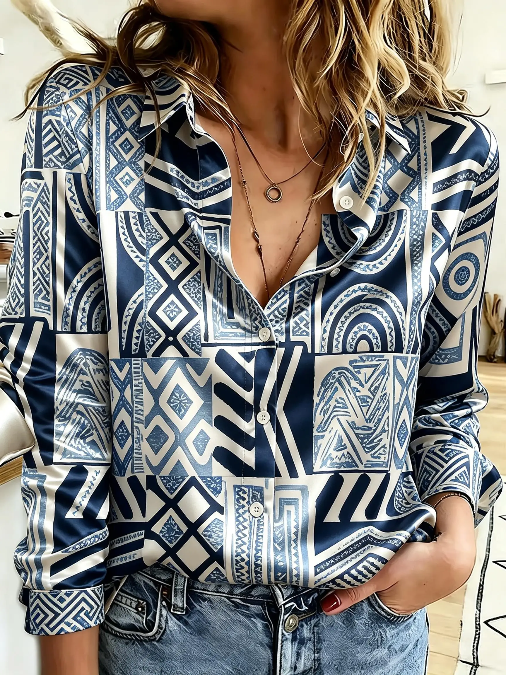 Women Bohemian Geometric Patchwork Graphic Button Down Shirt, Turn‑down Collar Long Sleeve Casual Top