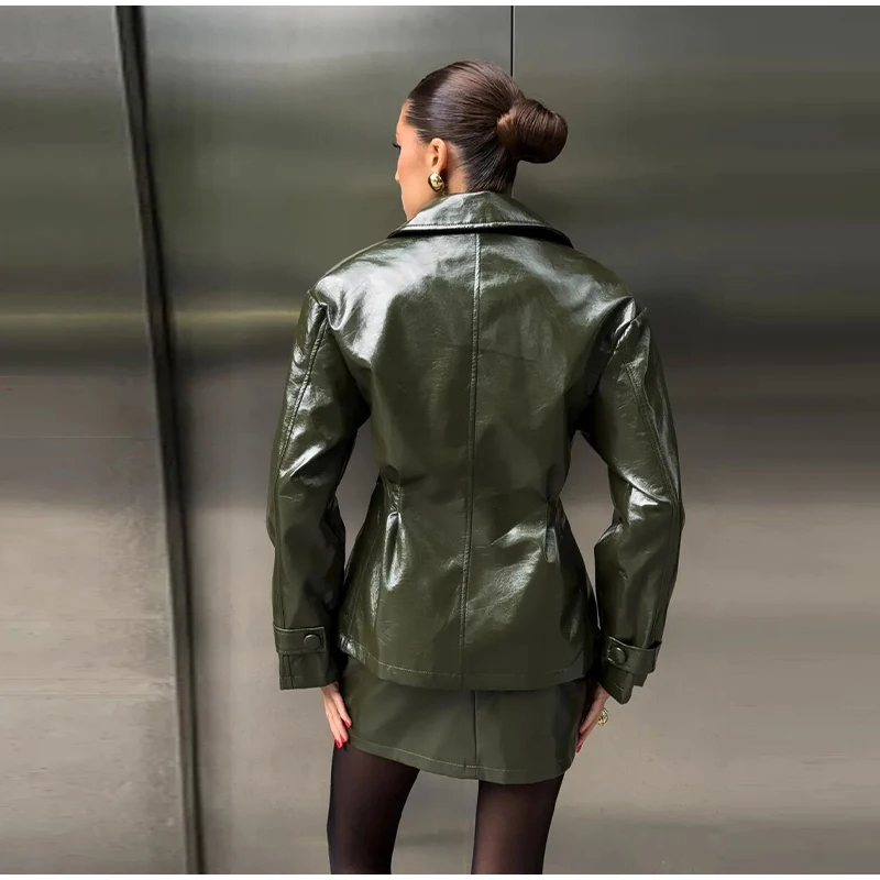 Solid PU Leather Women's Jacket Mini Skirt Set Lapel Neck Full Sleeve Double Breasted Coat Suit 2025 Autumn Stylish Edgy Outfit