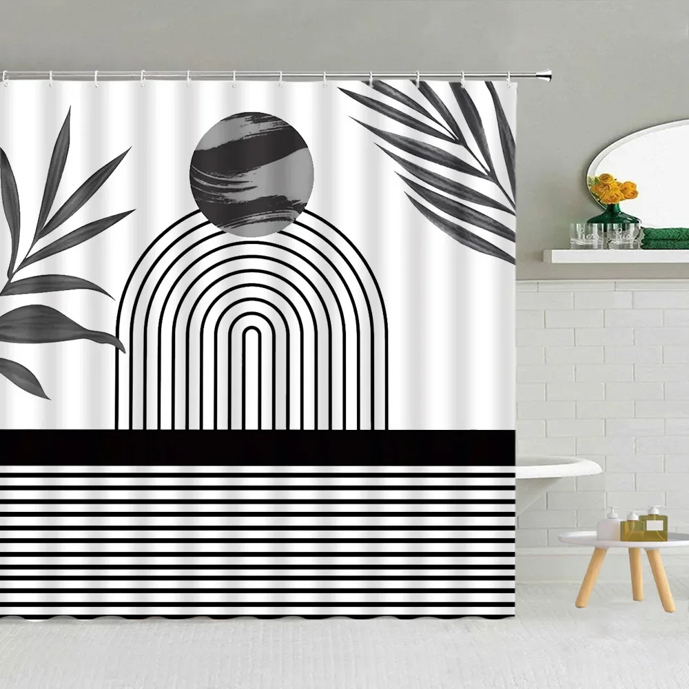 Black and White Shower Curtain, Abstract Mid-Century Modern Minimalist Geometric Line Art Aesthetic Vintage Bathroom Decoration