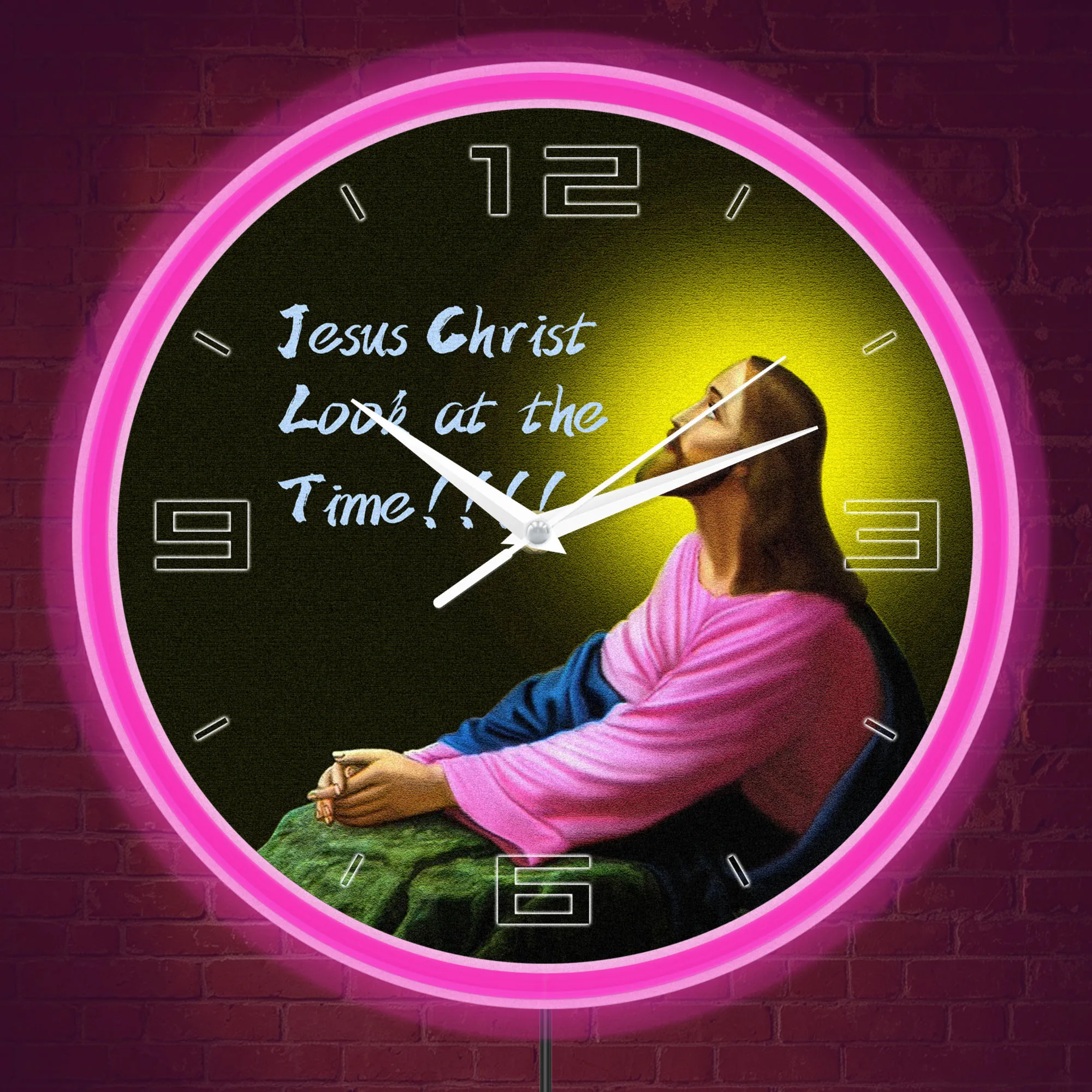 Jesus Christ Look At The Time Funny Quote LED Neon Light Wall Clock for Church Room Prayer Corner Religious Home Decor Clock