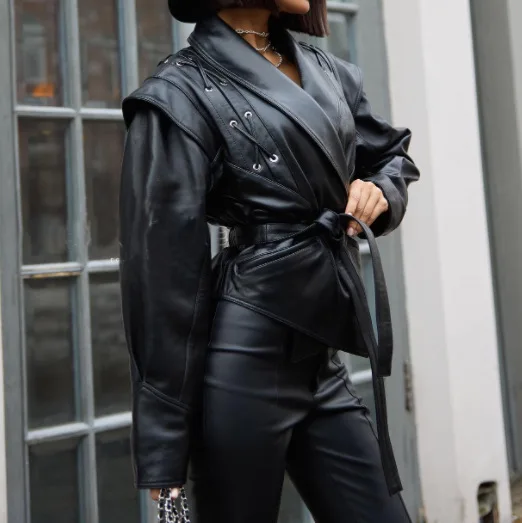 

Retro Belted Women's Faux Leather Jaet Faionable Collar Stand up oulder PU Coat Long Sve Autumn Winter Outerwear