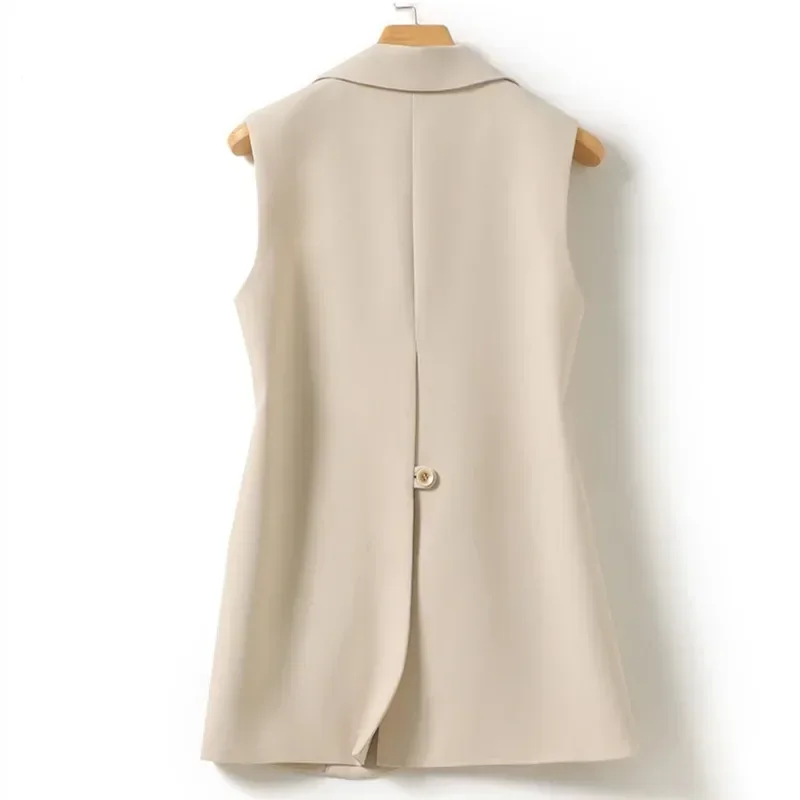 2024 Zwart Beige Vest Jas Vrouwen Koreaanse Stijl Kantoor Vest Vrouwelijke Enkele Knoppen Bovenkleding Mouwloze Blazer Vest Jas Slanke