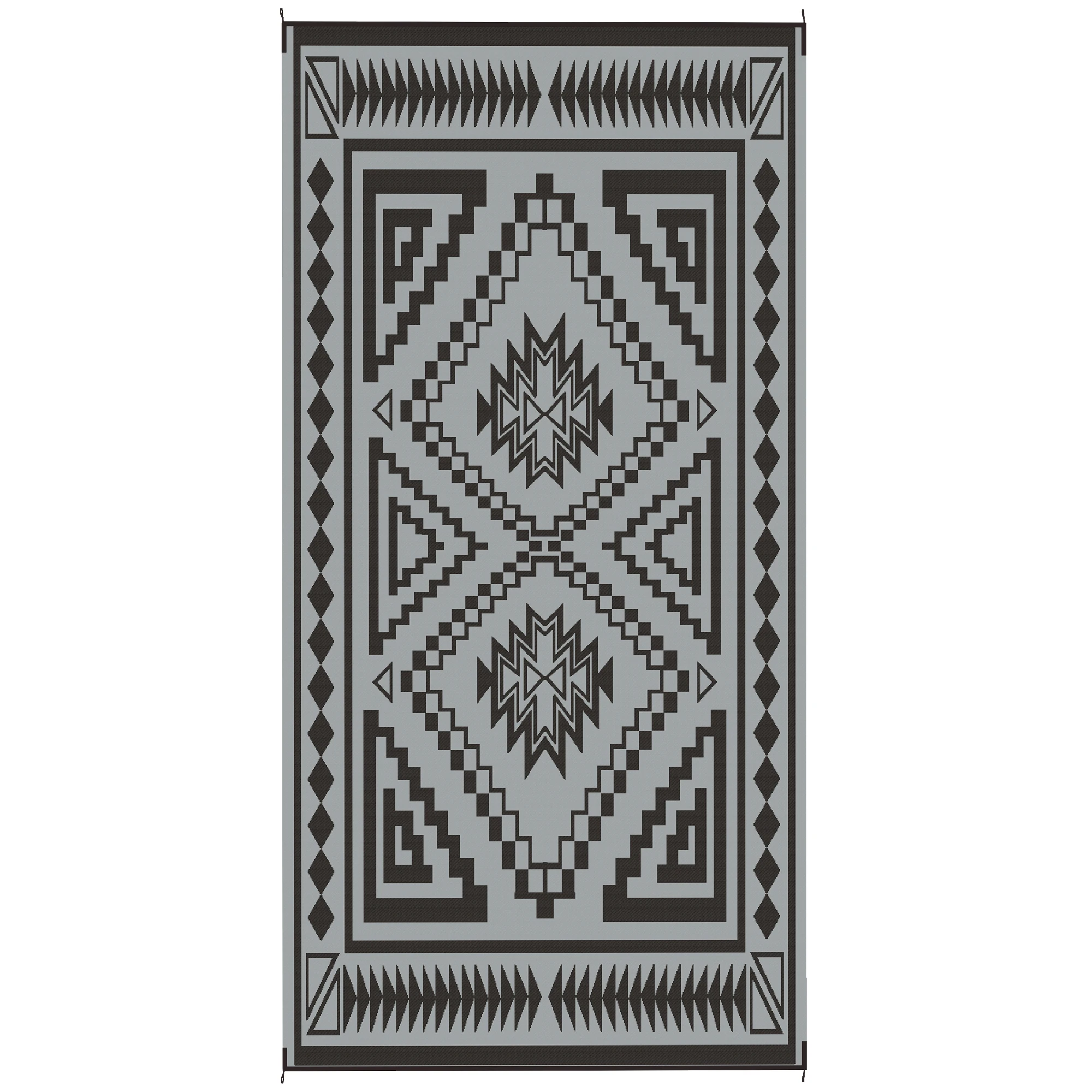 Reversible Outdoor Rug, Waterproof Plastic Straw with Carry Bag, 9' x 18', Black & Gray Square Patchwork