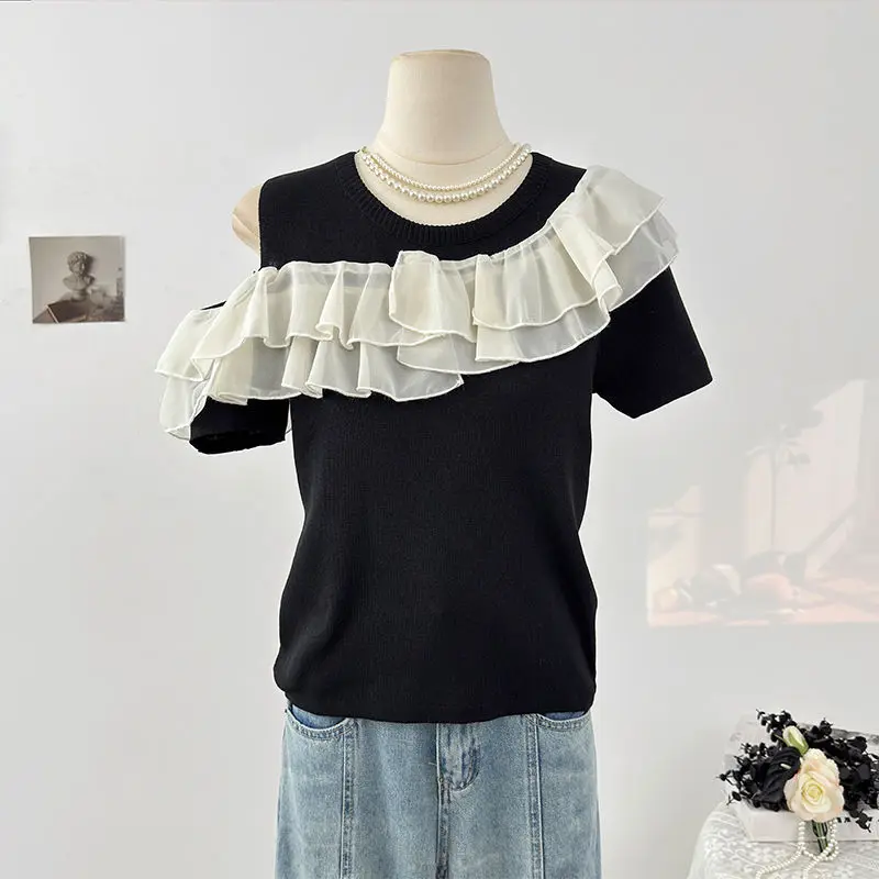 

Ruffle Irregular Contrasted Patchwork Short Sleeve T-shirt Women 2025 Summer Fashion Slim Fit Round Neck Y2k Crop Top