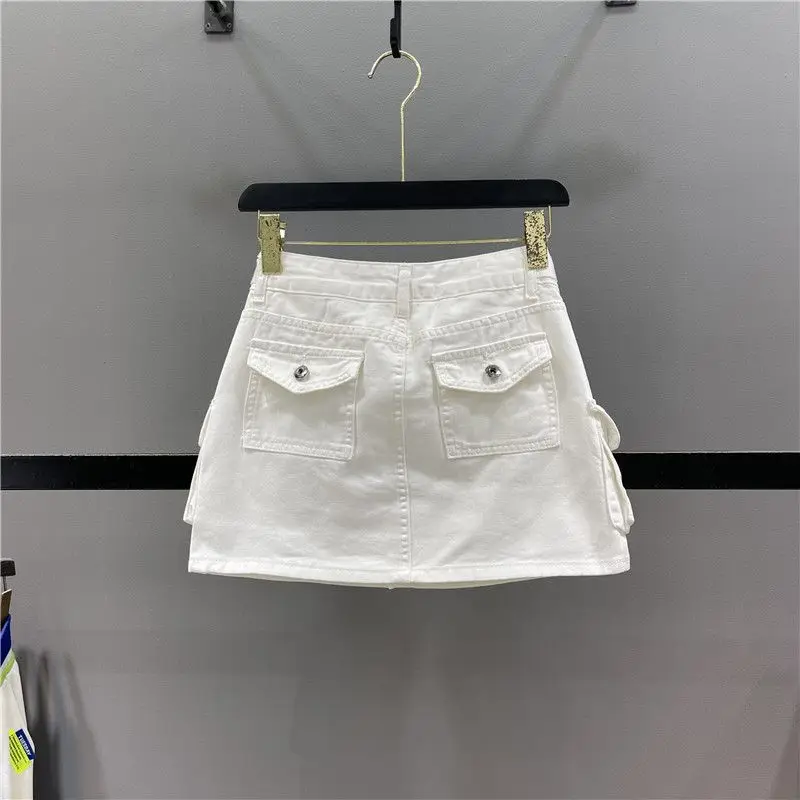 Women's Low Waist Button Bodycon Mini Cargo Denim Skirt with Pocket Summer New Anti-light A-word Hip Skirt