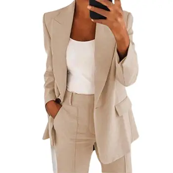 Popular terno casaco cor sólida blazer manga longa bolsos falsos blazer superior cardigan outwear para escritório