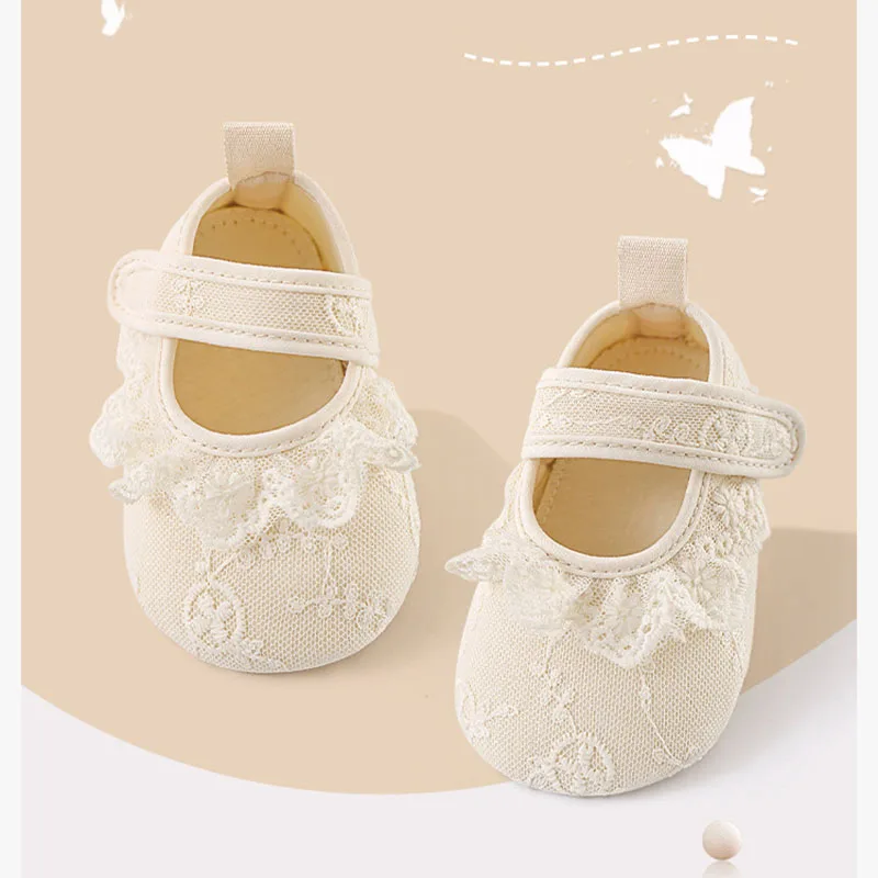 

2025 New Summer Siper Soft Infant Pre-walker Walking Shoes for 0-18M Girls Cute Beige Lace Toddler Soft-soled Shoes