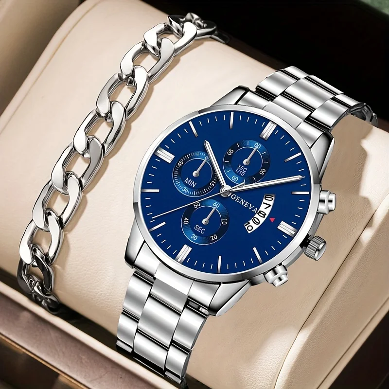 2 teile/satz, Mode Herren Business Edelstahl Kalender Datum Quarz Armbanduhr & Armband Set