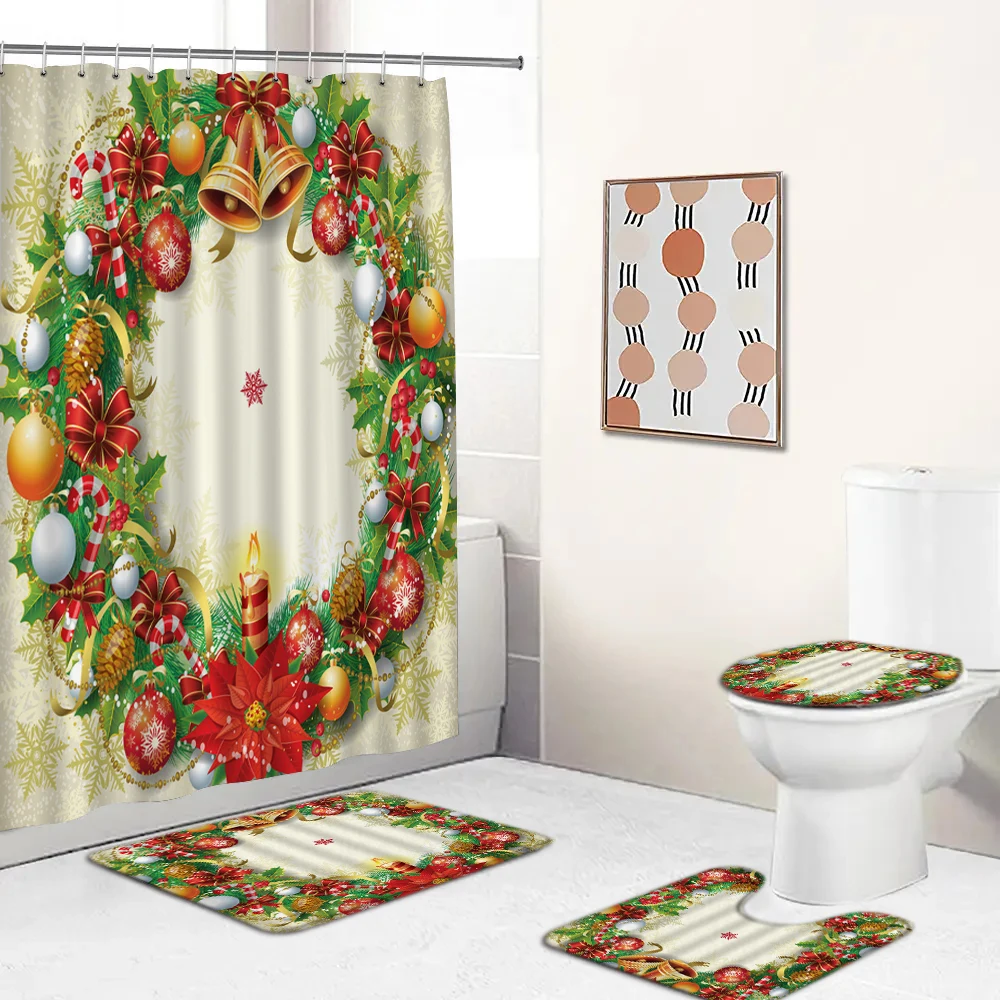 

Merry Christmas Shower Curtains Santa Snowman Christmas wreath 3D Print Bathroom Curtain Bath Mat Toilet Cover Non Slip Carpet