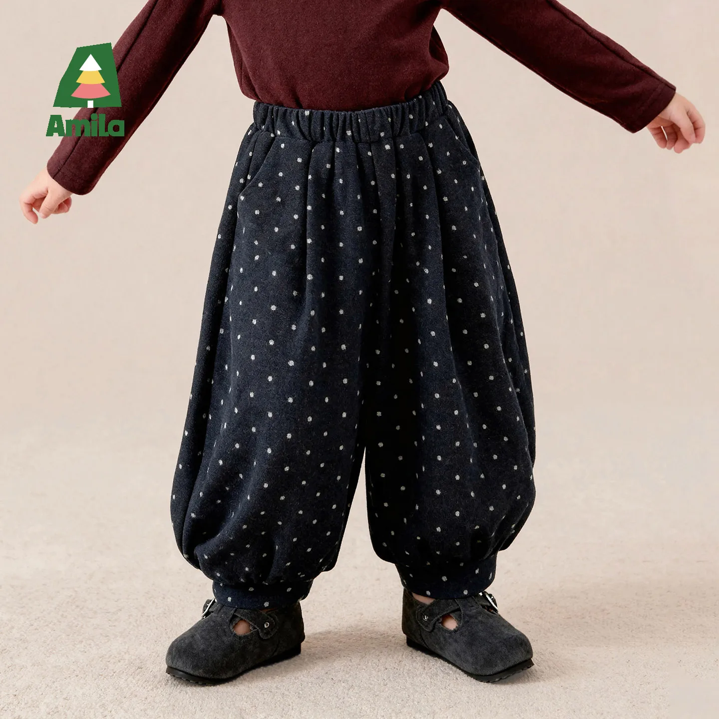 Amila 2026 Winter New Kids Casual Long Pants Polka Dot Lantern Vintage Cute Fleece Lined Warm Extra Soft Daily Long Pants