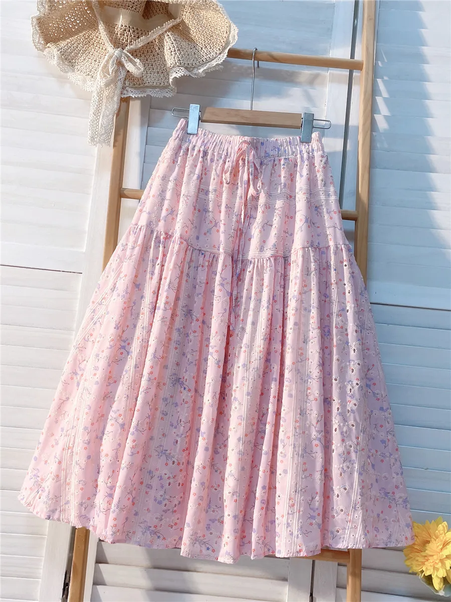 

Sweet Embroidered f Skirt Student Cotton Linen Midi A-Line Skirt Floral Print High Waist Slim Fit mid Length A-ape Skirt