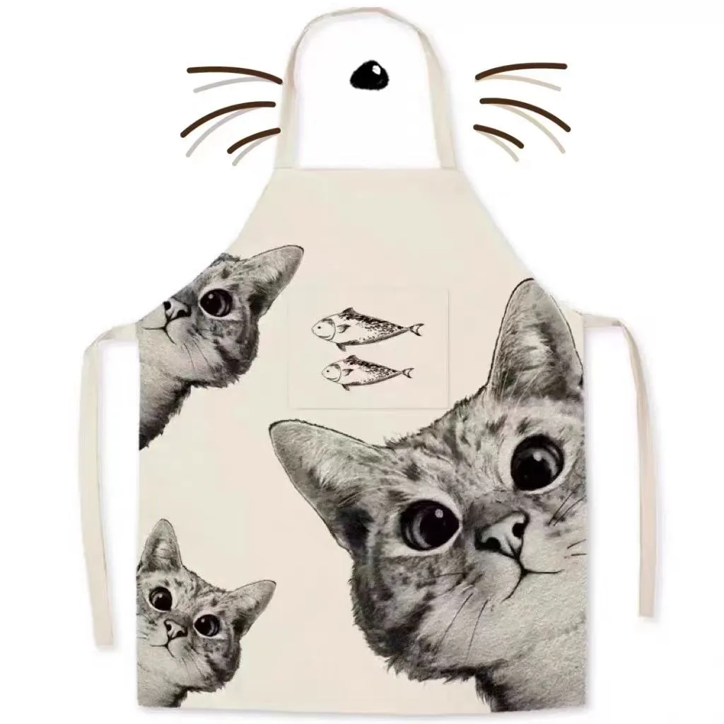 Cute dog and cat pattern apron kitchen cooking baking linen bib housework cleaning anti-oil stain sleeveless apron 68x55cm