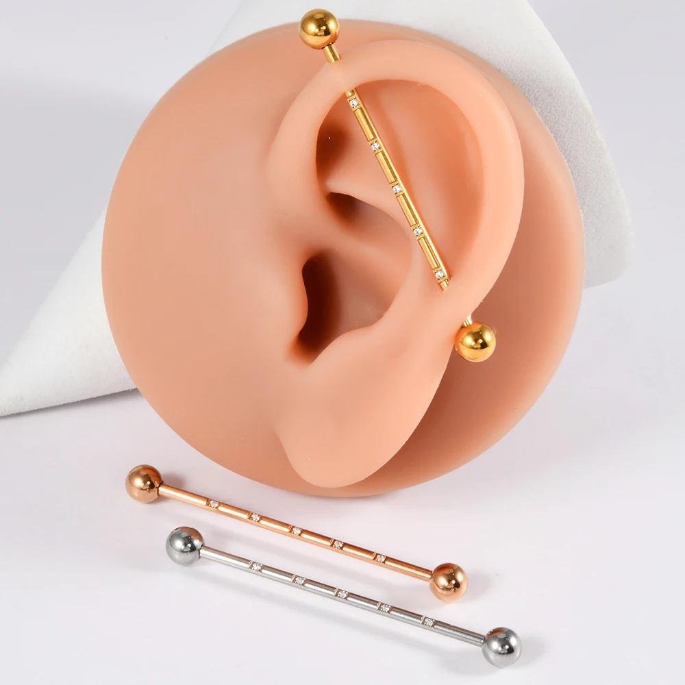 1PC Stainless Steel 14G Industrial Barbell Ear Rings Opal&Zircon Long Bridge Barbell Earrings Cartilage Ear Piercing Jewelry