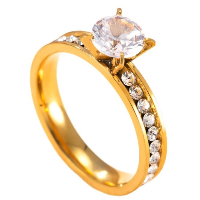 Stainless Steel Gold Color 4mm Round Zircon Ring for Women PVD Gold Plated Jewelry