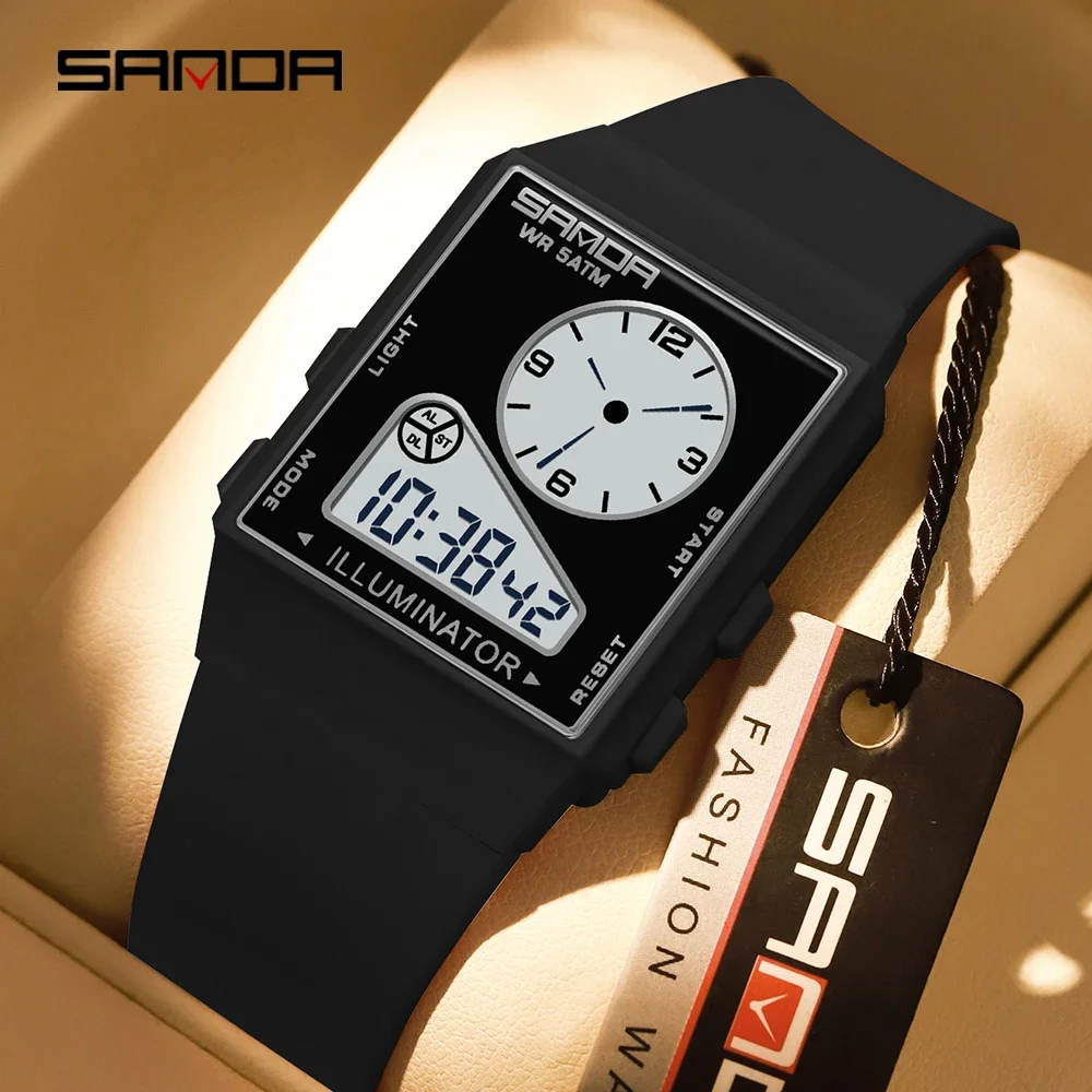SANDA 6338 Fashion Multifunctional Electronic Men's Watch Square Lightweight Student Sports Waterproof Triple Timing Watch 2026