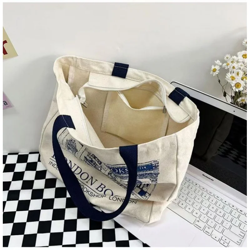 Borsa a tracolla in tela da donna libri di londra stampa borsa a mano casual da donna borsa da spiaggia riutilizzabile in cotone di grande capacità