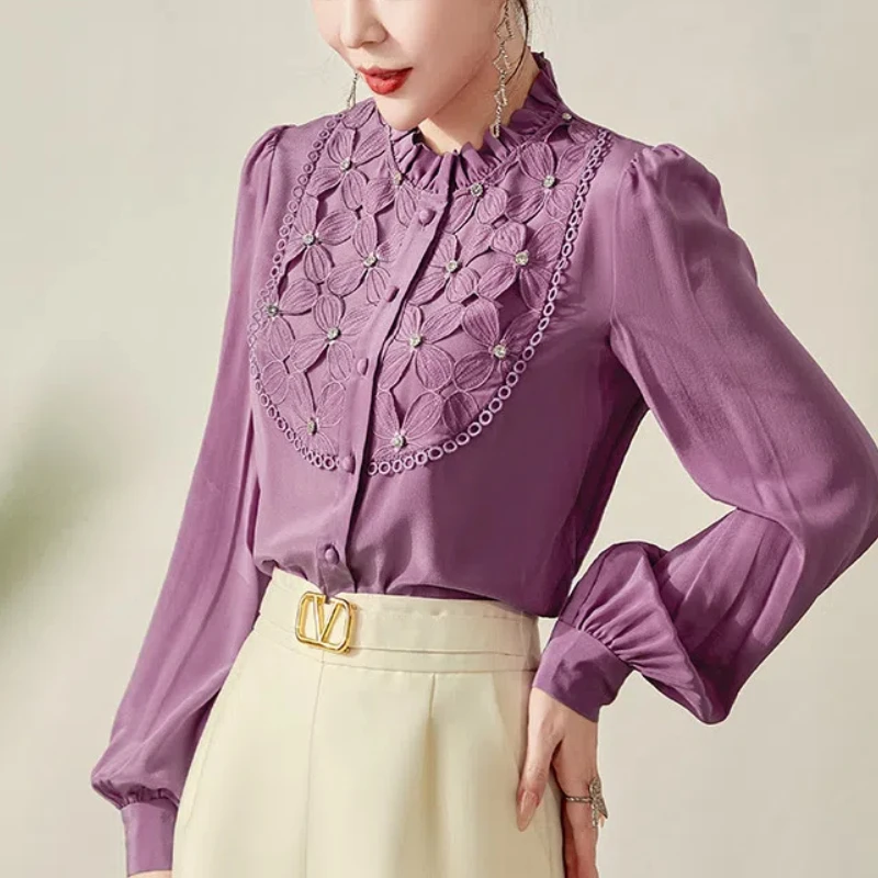 Temperament Office Lady Spring New Women\'s O-Neck Solid Embroidered Single Breasted Fashion Loose Long Sleeve Chiffon Shirt Tops