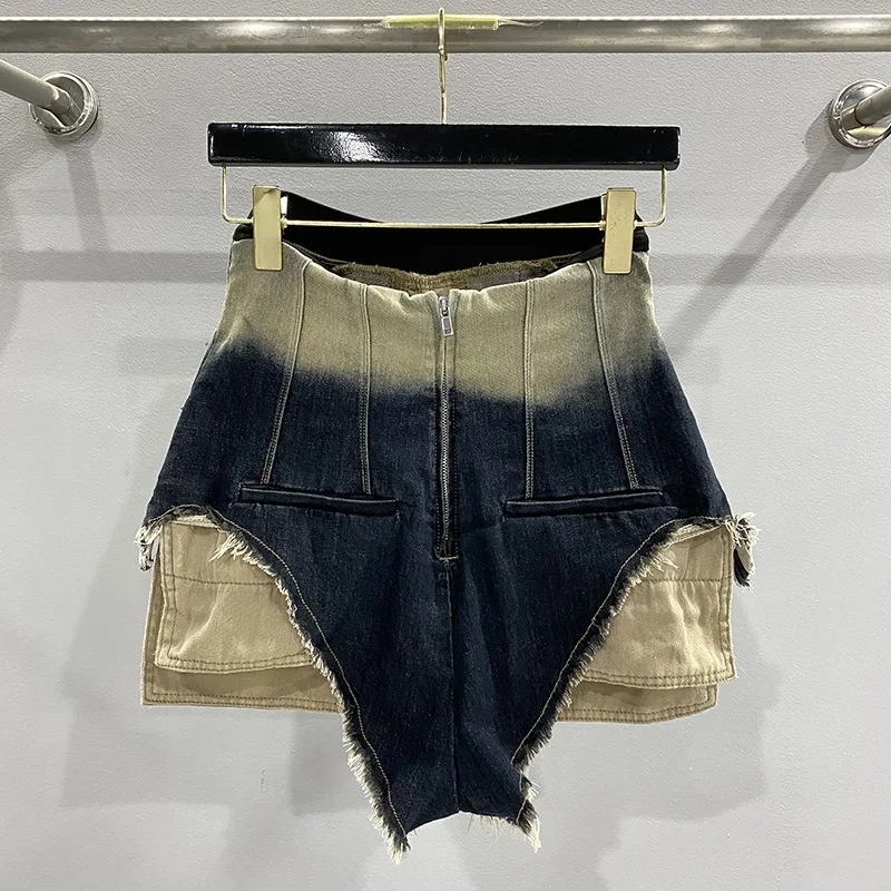HKSH Women Retro Chic Denim Shorts High Waisted Distressed Gradient Washed Frayed Hem Hip Hop Y2K Short Pants New Summer HK20362