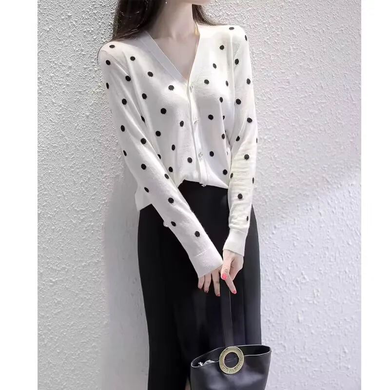 2024 New Arrival Elegant Polka Dot Female Button T-shirt Spring Summer Cardigan V-neck Woman S-XL Long Sleeve Knitted Charming