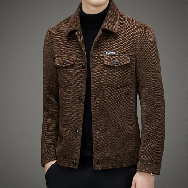

Men's Thick Solid Color Casual Lapel Jacket Fabric, Woolen Lining, Thick Buttons, Full Open Collar, Spring and Autumn Styles, Mi