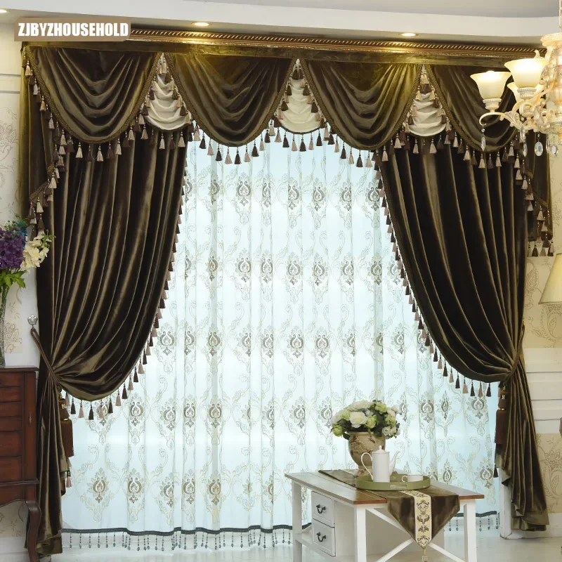 

European Luxury Italian Velvet Fabric Thickened Blackout Curtain Header Super High Villa Curtains for Living Dining Room Bedroom