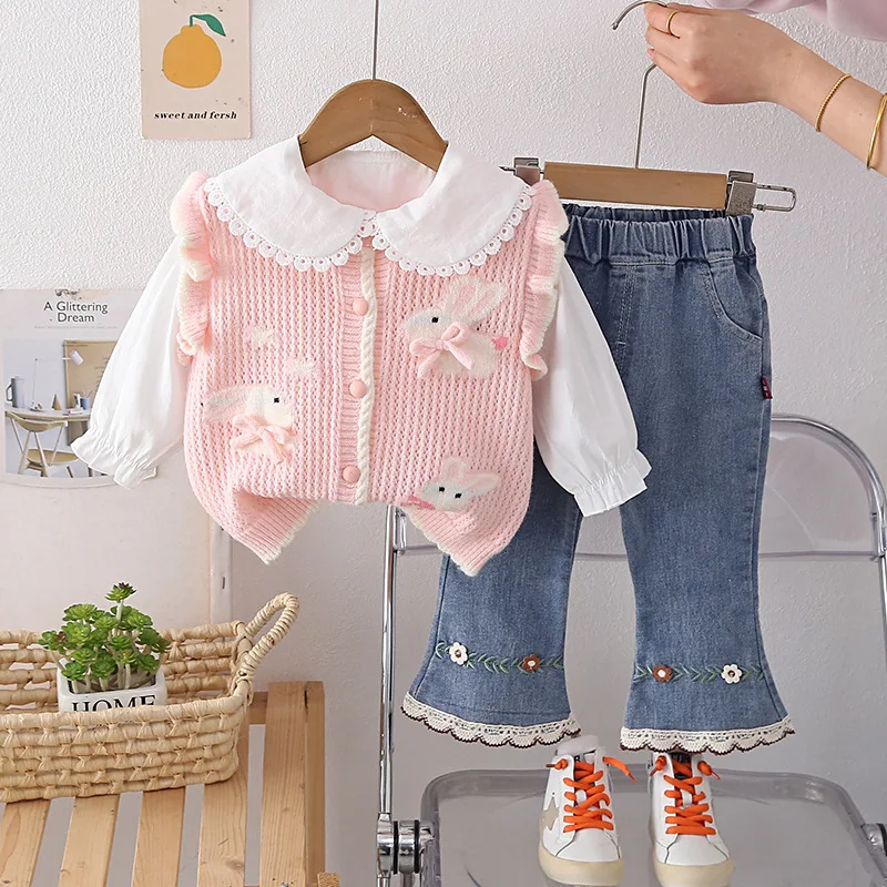 幼児女の子用春服2026新作ベビー服うさぎ柄セーターベスト-白シャツ-ジーンズ3点セット幼児服