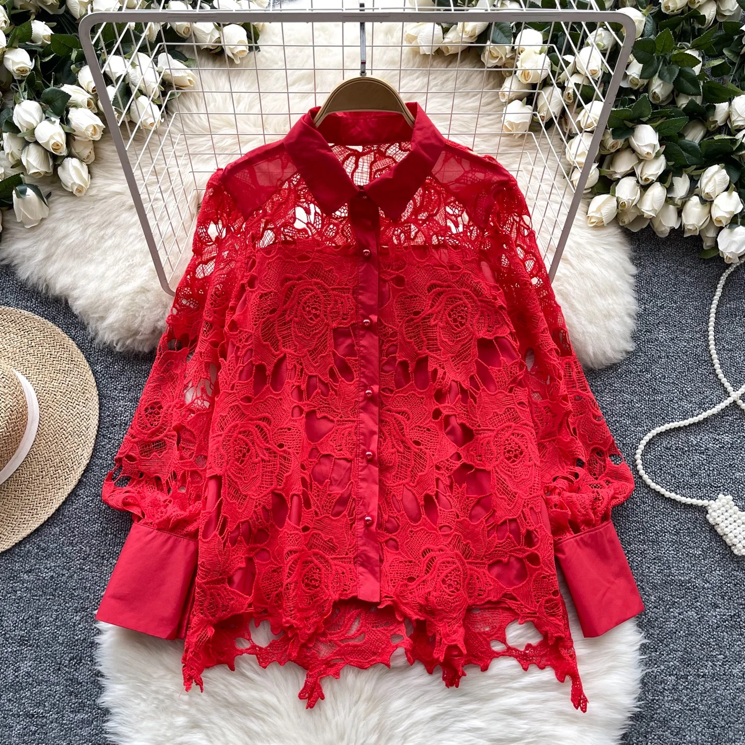 

Clothland Women Elegant Lace Blouse Hollow Out See Through Candy Color Shirt Female Cute Fashion Tops Blusa Mujer LB143