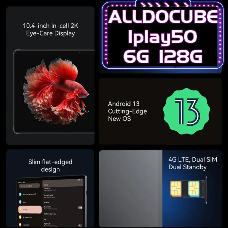 Alldocube-Tablette IPlay 50, T618 Octa Core, Android 13 OS, 6 Go de RAM, 10.4 Go, Dean, utilise une résolution 2000 × 1200, 128 pouces