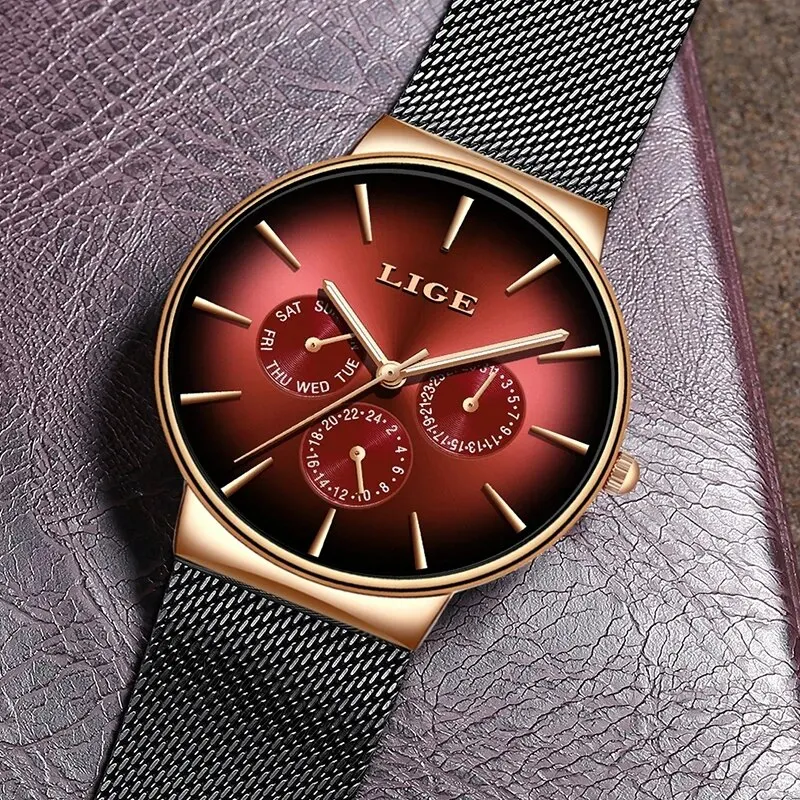 New LIGE Fashion Mens Watches Top Brand Luxury Quartz Watch Men Mesh Steel Waterproof Ultra-thin Wristwatch For Men Sport Clock