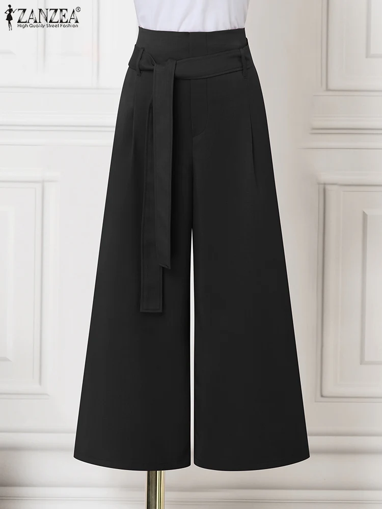 ZANZEA 2025 Office Work Wide Leg Trouser Women Elegant Pants Fashion Casual Loose Long Bottoms Fashion Pockets Lace-Up Bottoms