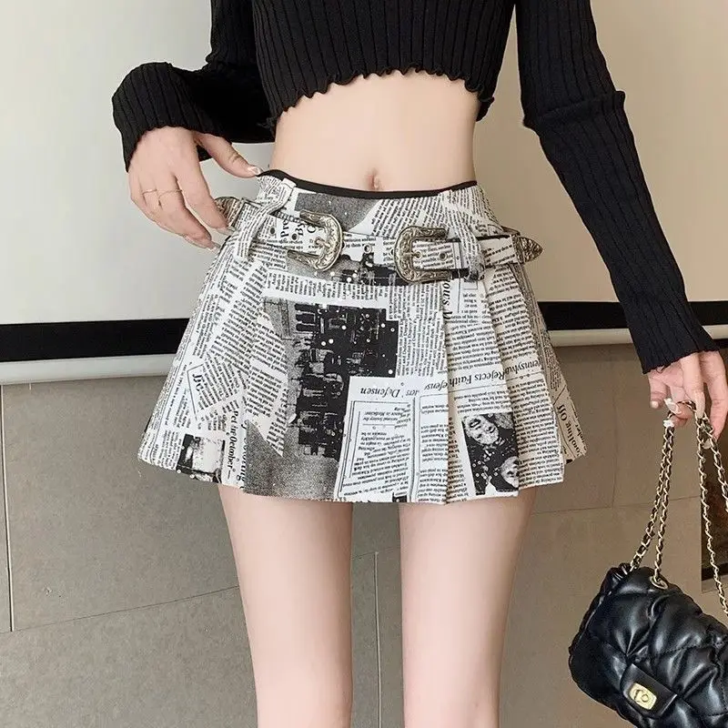 

Spring/Summer New American Mini Skirt Girl Retro Sweet Cool High Waist Slimming A-line Skirts with Belt Inner Lining Shorts