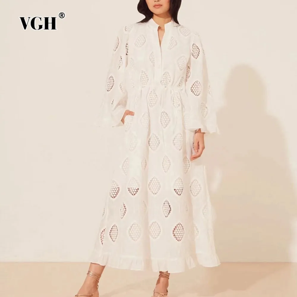 

VGH Solid Minimalist Hollow Out Dress For Women Round Neck Short Sleeve High Waist Patchwork Lace Up Loose Dresses Female New