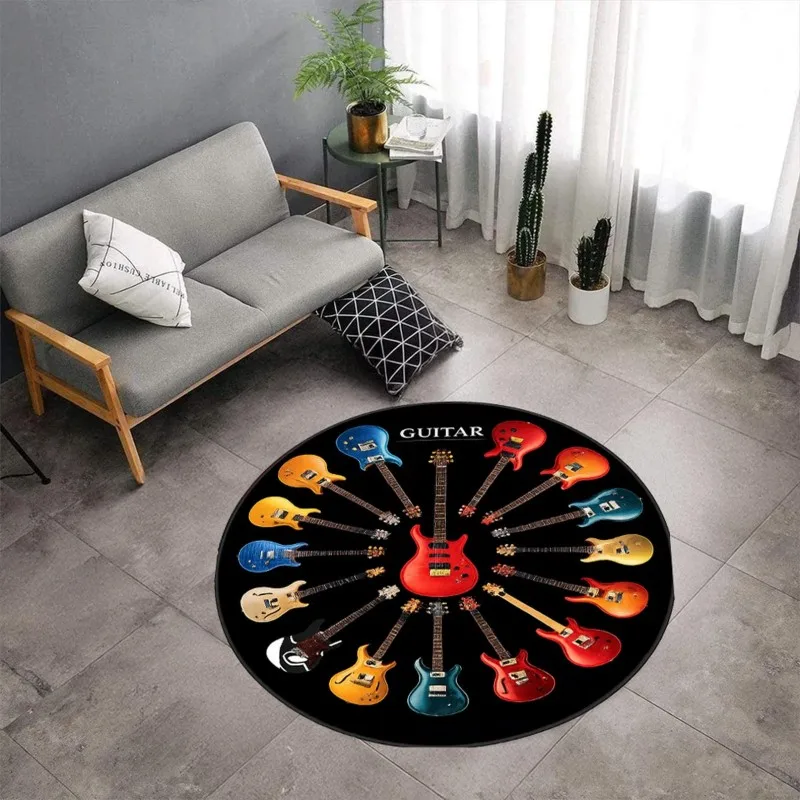 Guitar Print Music Decor Carpet Round Area Rug Colorful Instrument Pattern Floor Cover for Living Room Bedroom Studio Lounge