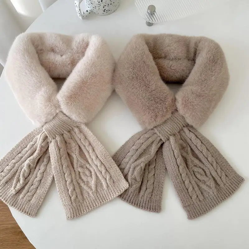 

Wool Knit Cross Fur Collar Scarf Winter Faux Rabbit Fur Scarves Fluffy Knitted Shawl Outdoor Neck Warmer Soft Neckerchief