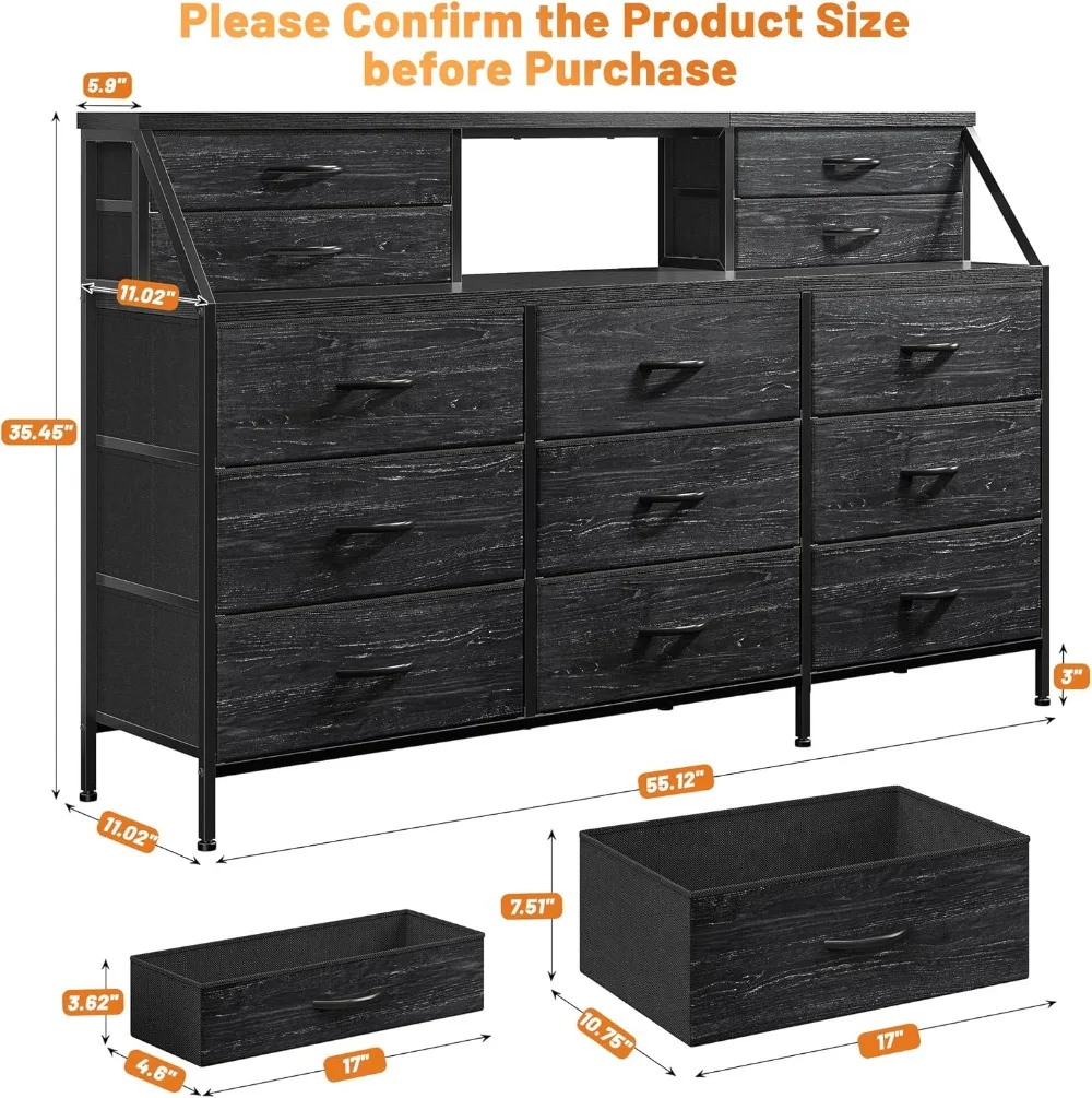 EnHomee 55”W Black Dresser, Dresser for Bedroom, Dresser with 13 Large Drawer, Dressers & Chests of Drawers, Black Dresser