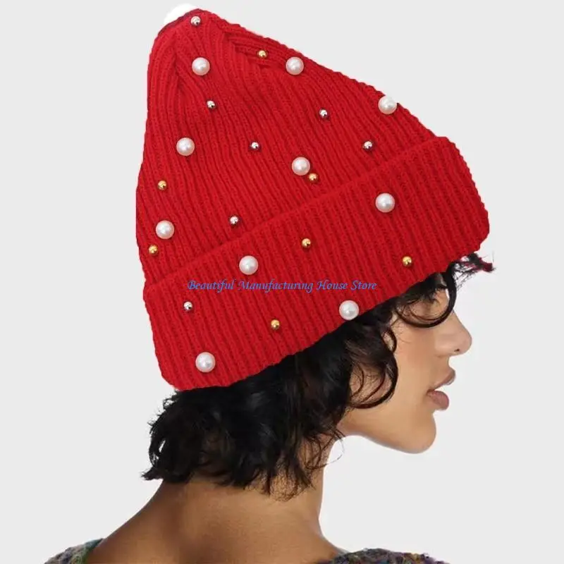 E56A Stylish Knitted Hat Elegant Pearls Pattern Hat Cold Weather Hat Winter Accessory for Fashion Women