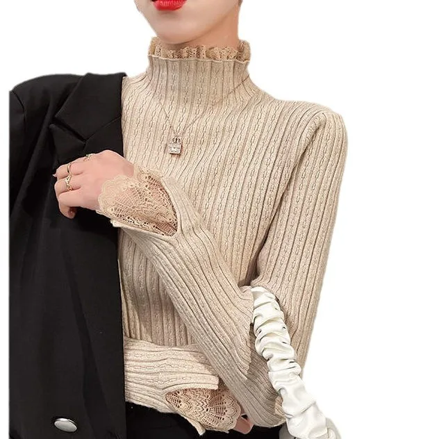 2025 nuevo Casual de encaje liso básico de punto Tops de mujer suéter de cuello alto de manga larga Jersey ajustado moda coreana Top Simple Chic