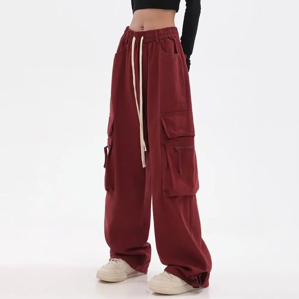 

Polyester Casual Pants Stylish Women's Wide Leg Cargo Pants with Elastic Waist Multi Pockets Solid Color Sport Pants for Active