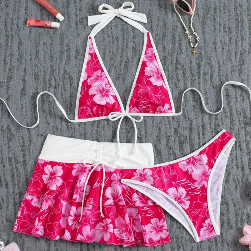 3 Piece Bikini Swimsuit Halter Neck Floral Pink Women Beach Cover Up Sarong Top Bottom Summer Swimwear Bathing Suit Resort