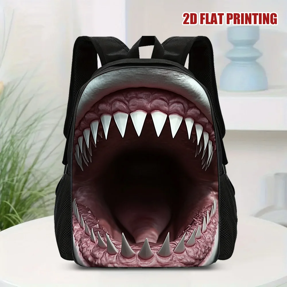 

Рюкзак с 2D-принтом в виде акульей пасти - легкий школьный рюкзак из полиэстера с регулируемыми и съемными плечевыми ремнями