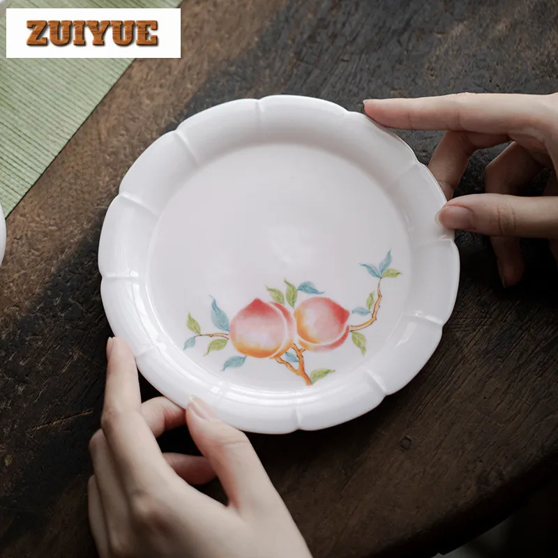 

Hand Drawn Peach Handmade Ceramic Flower Mouth Pot Bearing Holder Creative Dry Brew Table Tea Tray Drinkware Accessories Gift