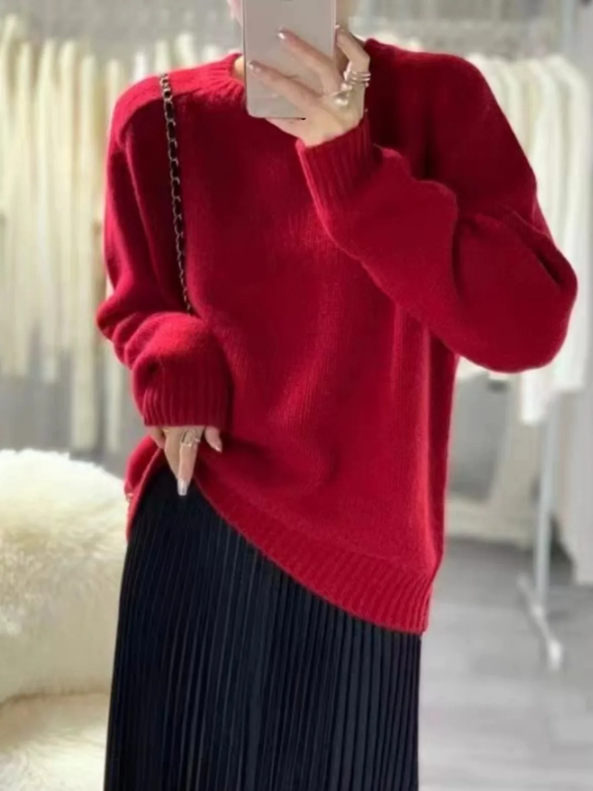 Senior sense all round neck pure cashmere sweater women autumn and winter loose Korean version of woolen bottom sweater pullover