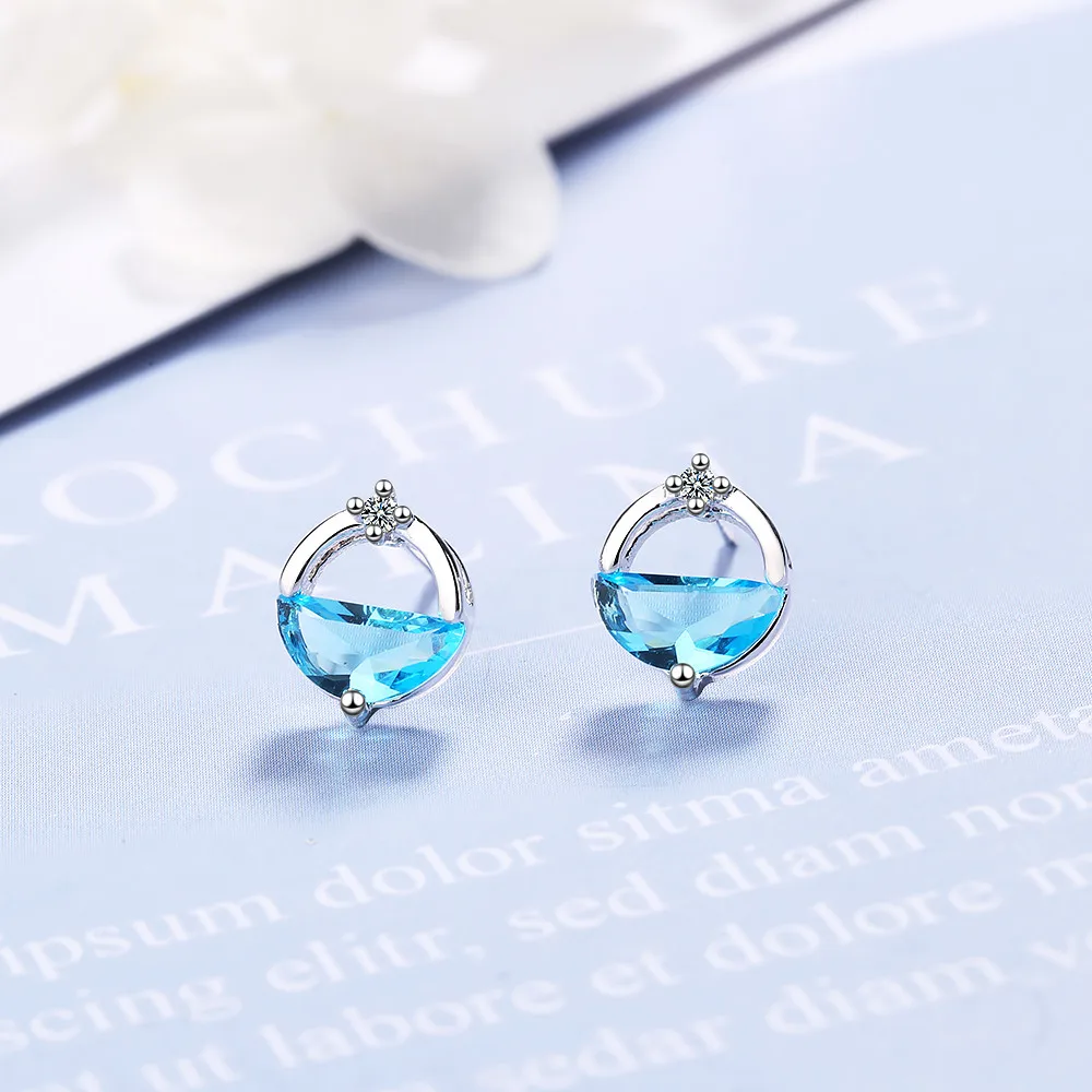 Genuine Blue Topaz 925 Sterling Silver Half Round Spring Water Stud Earrings for Women Gemstone Fine Jewelry Wedding Gift