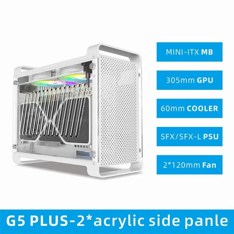 Top G5 Plus Aluminum ITX White Case Suitcase Portable PC Gaming Computer Small Chassis Support SFX PSU/306mm GPU/12cm Fan