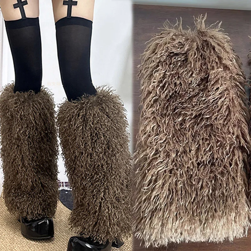 

Коричневые меховые гетры Y2K для девочек в стиле панк, готики, гетры из искусственного меха, женские бахилы длиной до колена, хипстерские носки, пушистые гетры