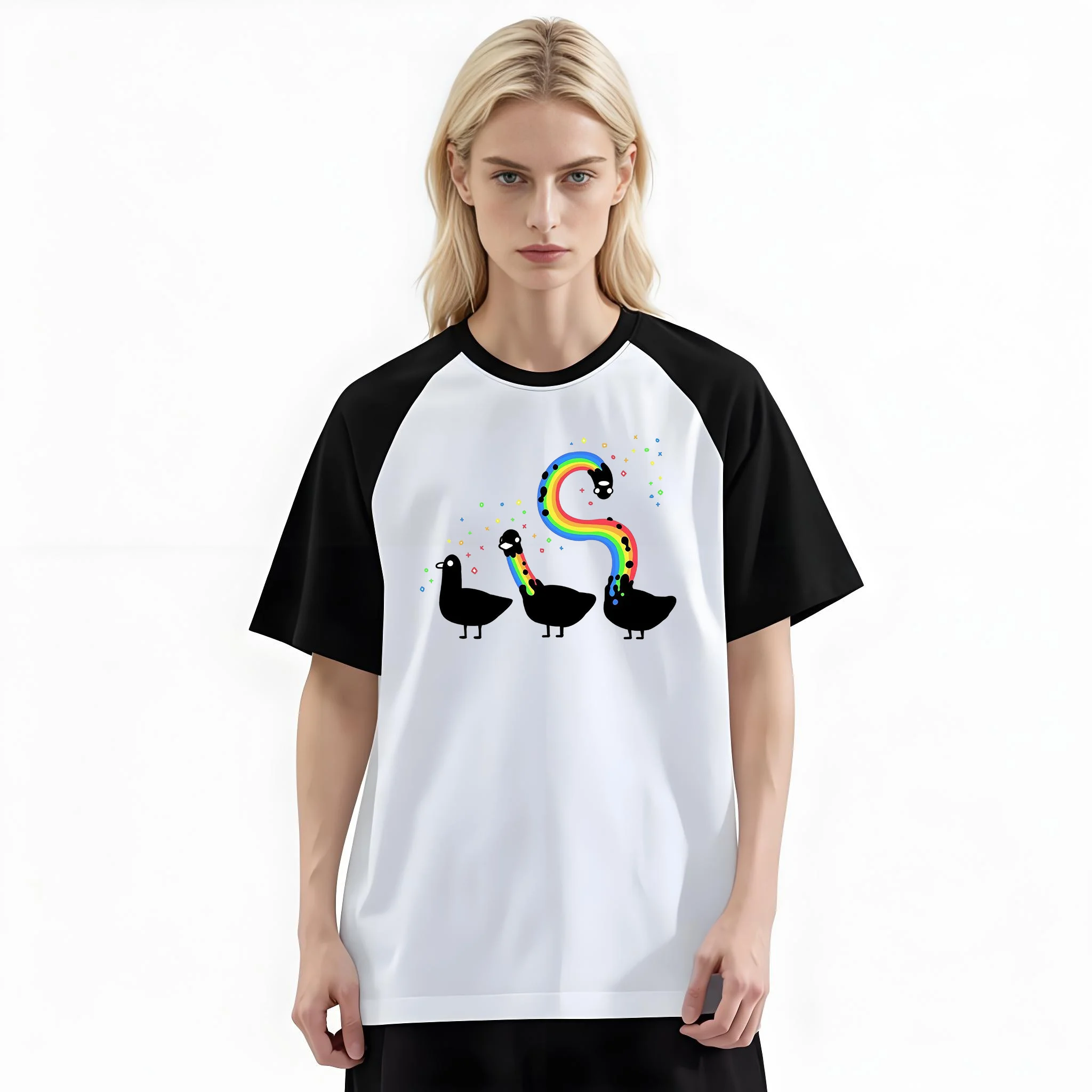 Women'S Fashion Raglan Sleeve T-Shirt, Three Ducks Curved Rainbow Streamer Pride Printed, Summer Casual Comfortable Tee, Women'S Everyday Short-Sleeve Top