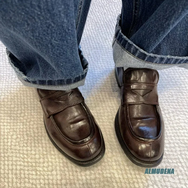 

Black Genuine Leather Men's Loafers Round Toe Low Heel Retro Casual Daily Urban Outdoor Office Dress Shoes 2026 Fashion