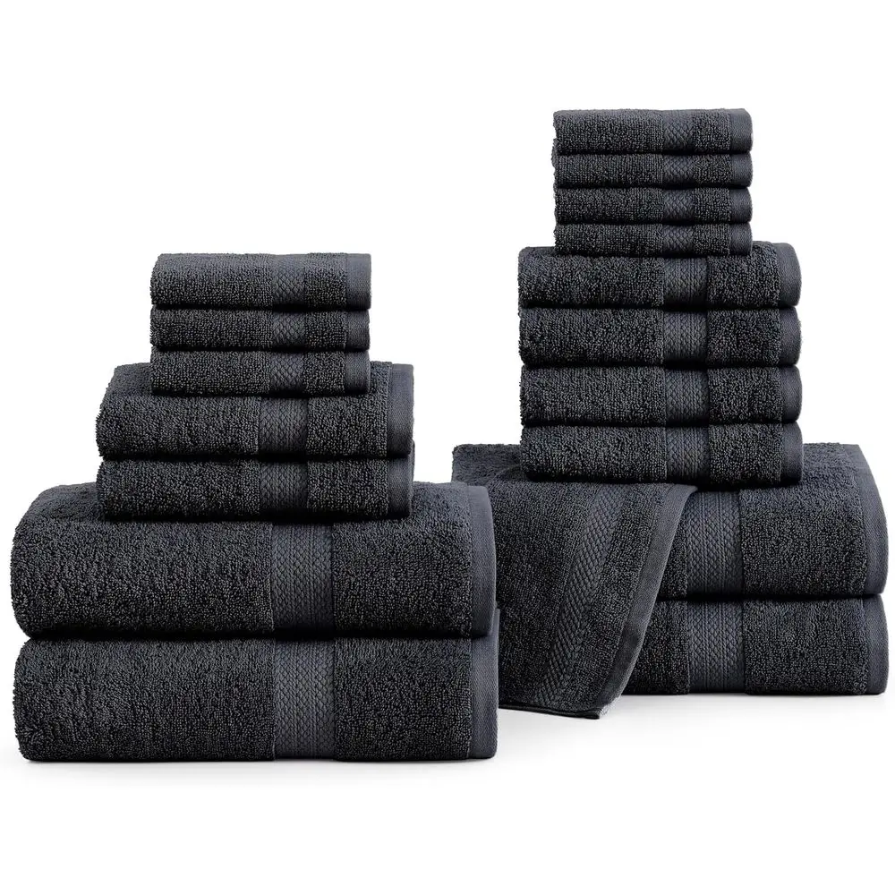 

18-Piece Premium Black Cotton Towel Set - 4 Bath Towels, 8 Washcloths, 6 Hand Towels - Ideal for Spa and Daily Use