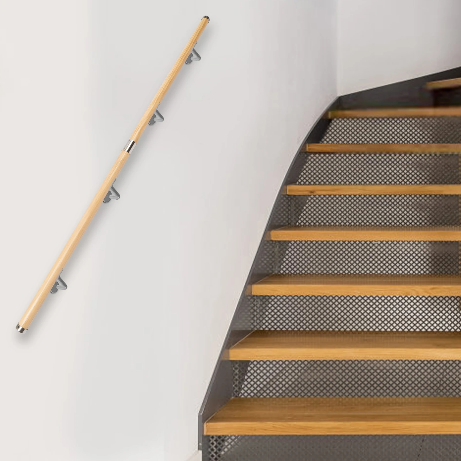6.6FT Modern Wooden Yellow Color PVC Staircase Handrail with 4pcs Rail Brackets, Pine Wood Wall Mount Stair Hand Railing